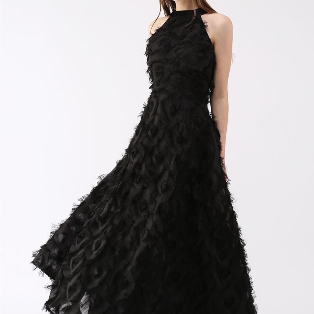 DANCING FEATHERS TASSEL HALTER NECK MAXI DRESS IN BLACK